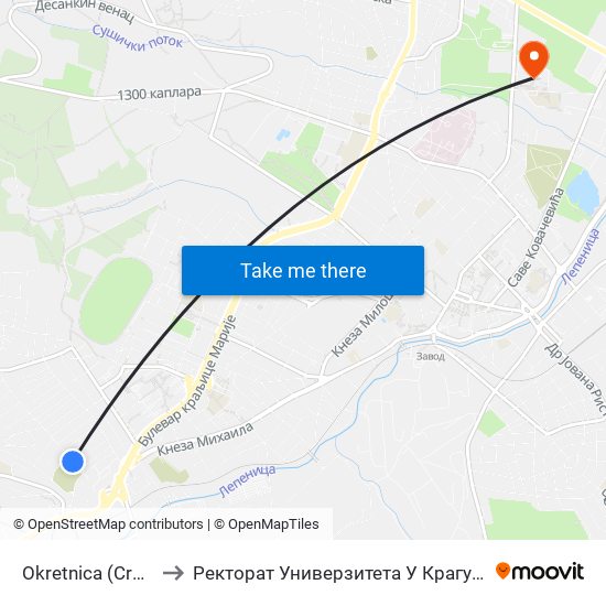 Okretnica (Crkva) to Ректорат Универзитета У Крагујевцу map