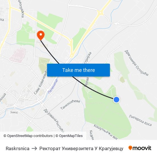 Raskrsnica to Ректорат Универзитета У Крагујевцу map