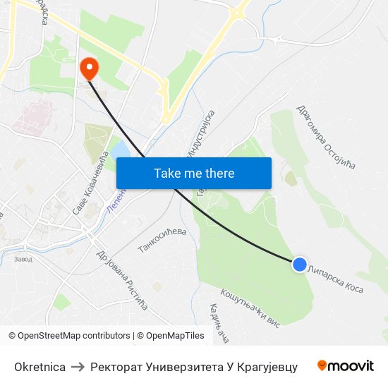 Okretnica to Ректорат Универзитета У Крагујевцу map