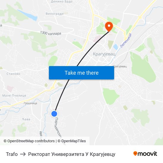 Trafo to Ректорат Универзитета У Крагујевцу map