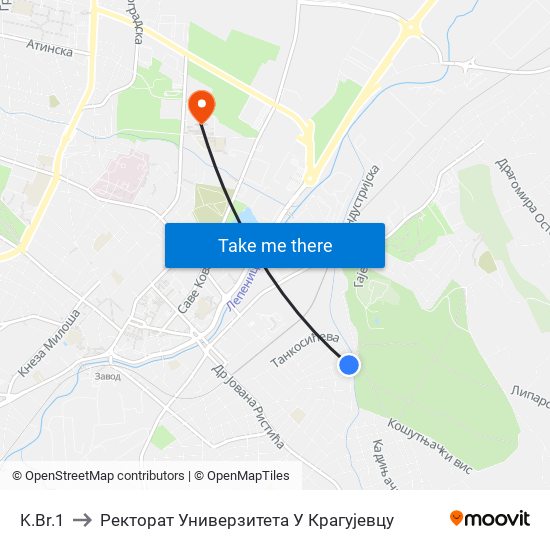 K.Br.1 to Ректорат Универзитета У Крагујевцу map