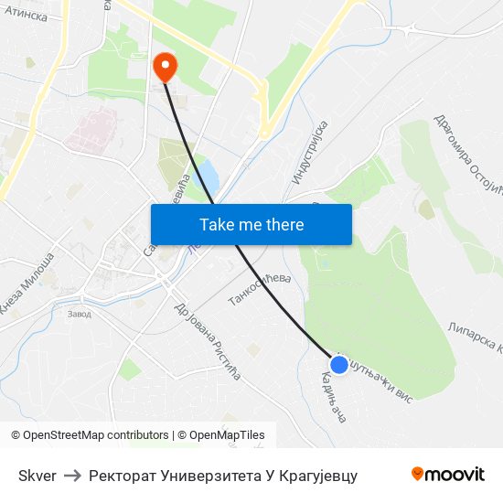 Skver to Ректорат Универзитета У Крагујевцу map