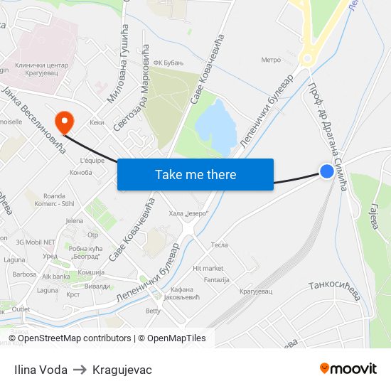 Ilina Voda to Kragujevac map