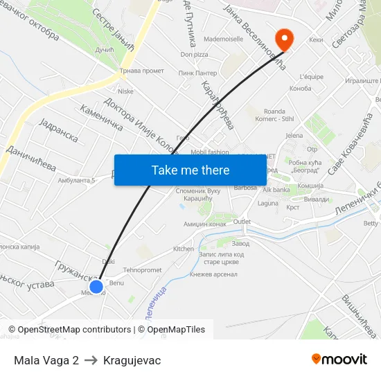 Mala Vaga 2 to Kragujevac map