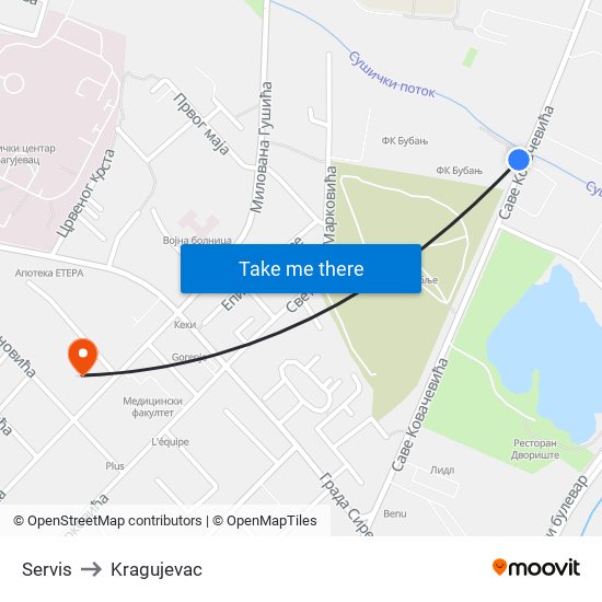 Servis to Kragujevac map