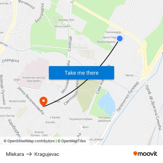 Mlekara to Kragujevac map