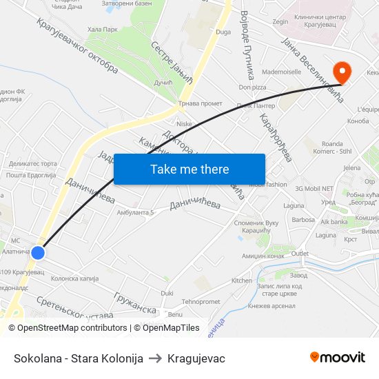 Sokolana - Stara Kolonija to Kragujevac map