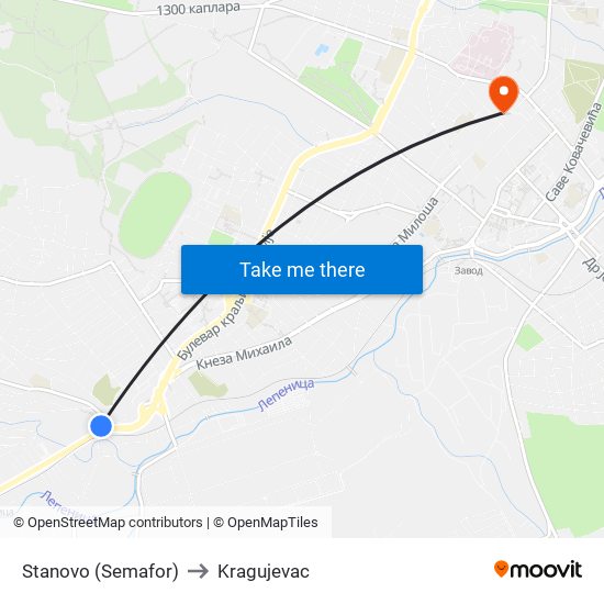 Stanovo (Semafor) to Kragujevac map