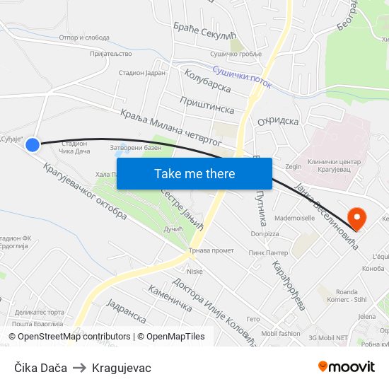 Čika Dača to Kragujevac map