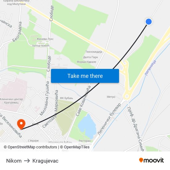 Nikom to Kragujevac map