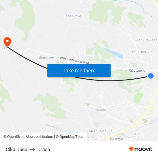 Čika Dača to Drača map