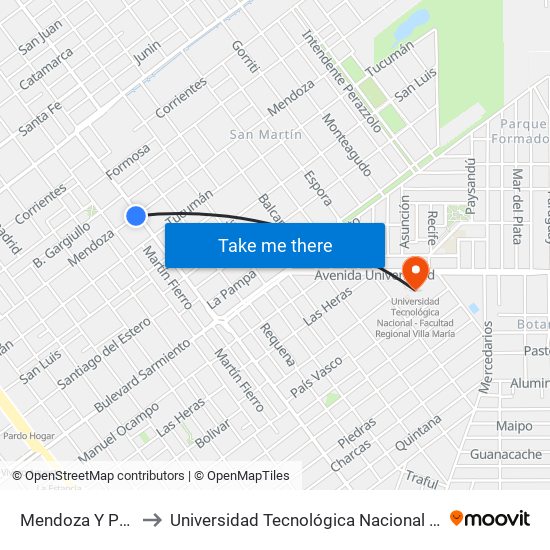 Mendoza Y Porfirio Seppey to Universidad Tecnológica Nacional - Facultad Regional Villa María map