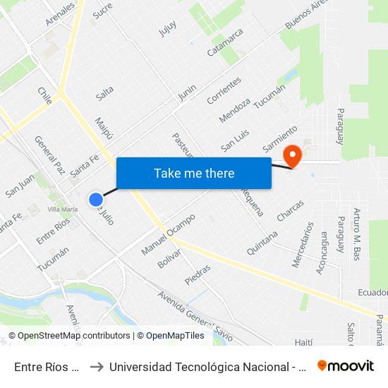 Entre Ríos Y 9 De Julio to Universidad Tecnológica Nacional - Facultad Regional Villa María map