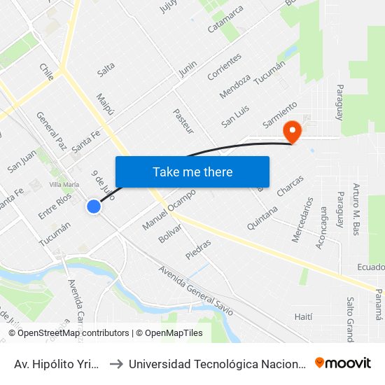 Av. Hipólito Yrigoyen Y Tucumán to Universidad Tecnológica Nacional - Facultad Regional Villa María map