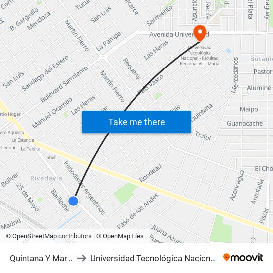 Quintana Y Marcelo T. De Alvear to Universidad Tecnológica Nacional - Facultad Regional Villa María map