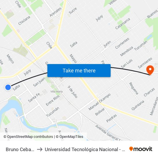 Bruno Ceballos Y Jujuy to Universidad Tecnológica Nacional - Facultad Regional Villa María map