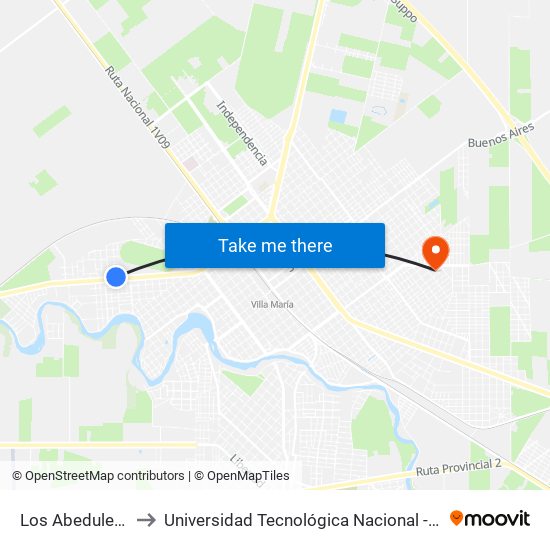 Los Abedules Y Av. Colón to Universidad Tecnológica Nacional - Facultad Regional Villa María map