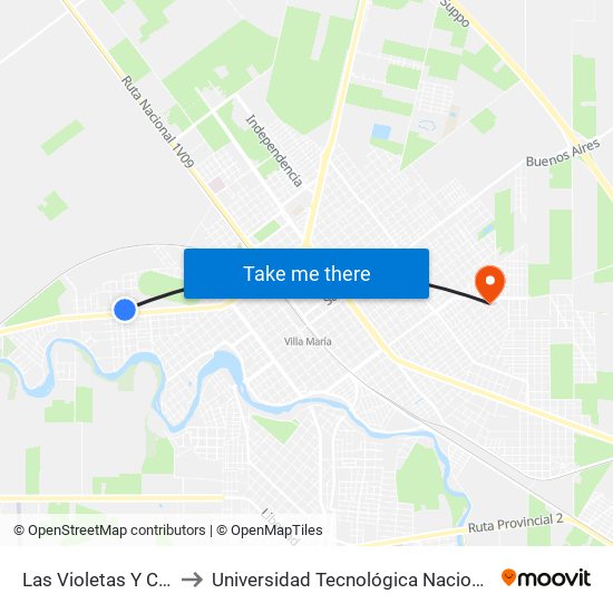 Las Violetas Y Los Sauces to Universidad Tecnológica Nacional - Facultad Regional Villa María map