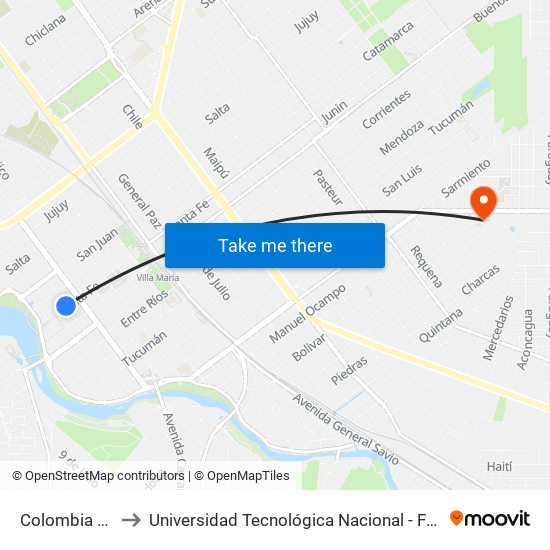 Colombia Y Santa Fe to Universidad Tecnológica Nacional - Facultad Regional Villa María map