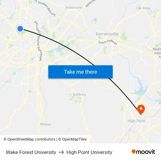 Wake Forest University to High Point University map