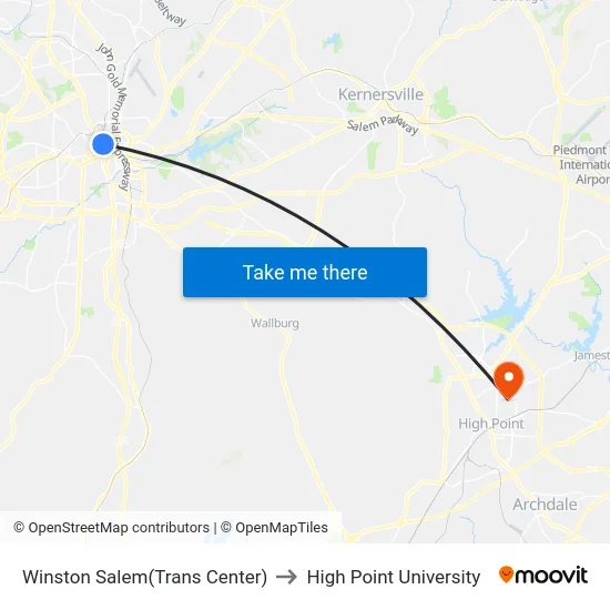 Winston Salem(Trans Center) to High Point University map