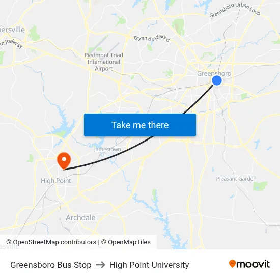 Greensboro Bus Stop to High Point University map