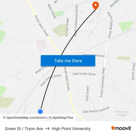 Green St / Tryon Ave to High Point University map