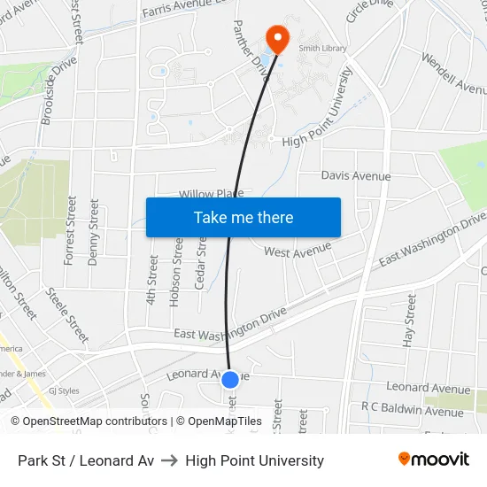 Park St / Leonard Av to High Point University map