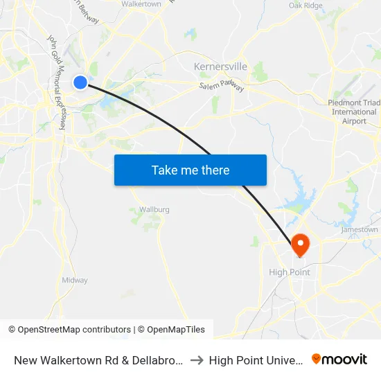 New Walkertown Rd & Dellabrook Rd to High Point University map