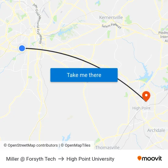 Miller @ Forsyth Tech to High Point University map
