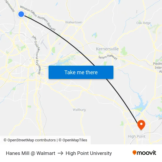 Hanes Mill @ Walmart to High Point University map