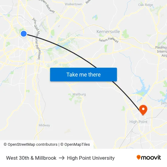 West 30th & Millbrook to High Point University map