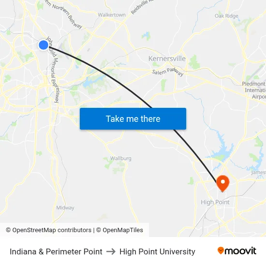 Indiana & Perimeter Point to High Point University map