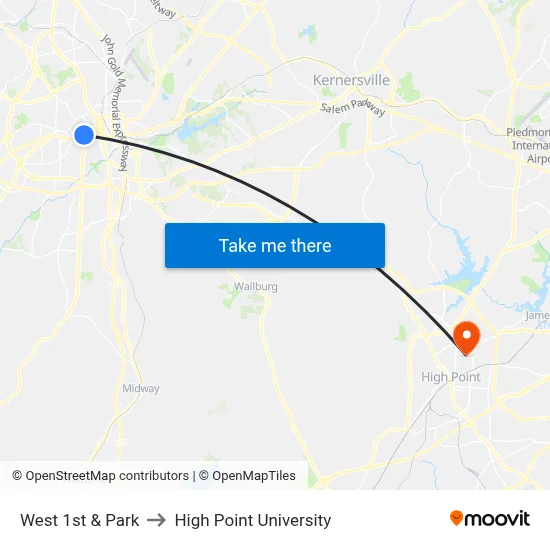 West 1st & Park to High Point University map