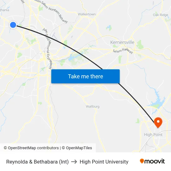 Reynolda & Bethabara (Int) to High Point University map