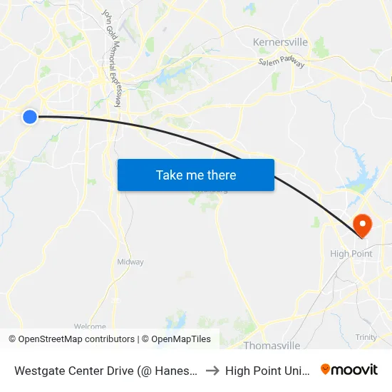 Westgate Center Drive (@ Hanes Mall Blvd) to High Point University map
