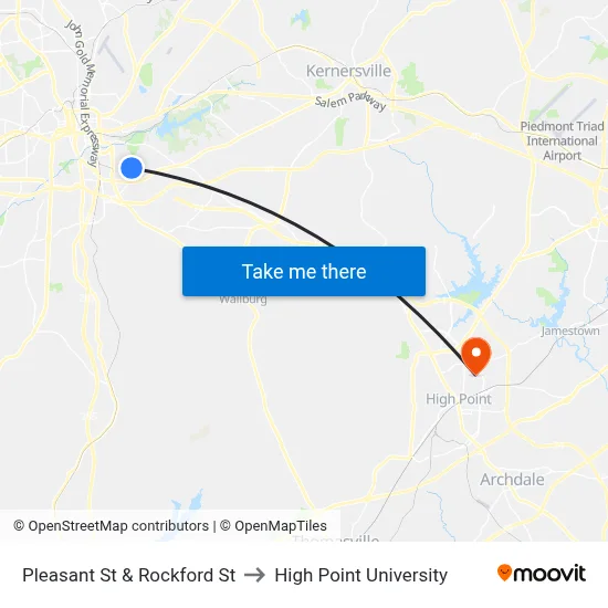 Pleasant St & Rockford St to High Point University map