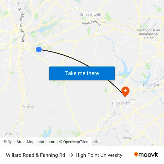 Willard Road & Fanning Rd to High Point University map