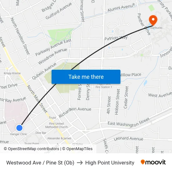 Westwood Ave / Pine St (Ob) to High Point University map