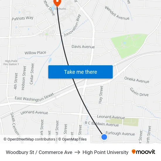 Woodbury St / Commerce Ave to High Point University map