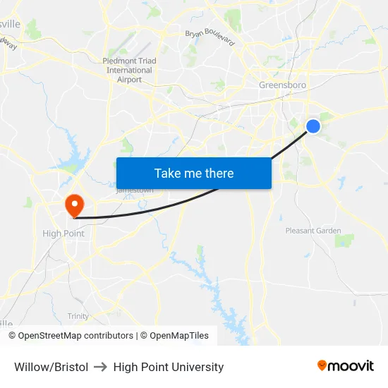 Willow/Bristol to High Point University map