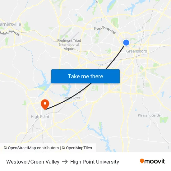 Westover/Green Valley to High Point University map