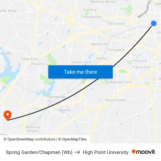 Spring Garden/Chapman (Wb) to High Point University map