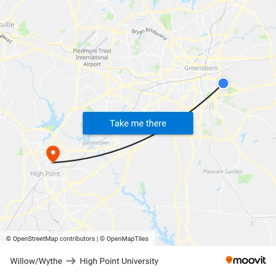 Willow/Wythe to High Point University map