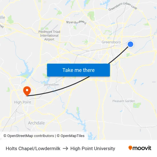 Holts Chapel/Lowdermilk to High Point University map
