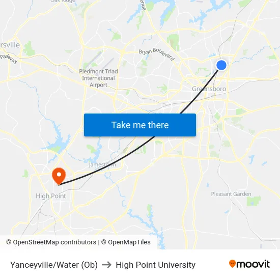 Yanceyville/Water (Ob) to High Point University map