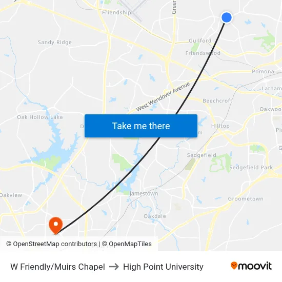 W Friendly/Muirs Chapel to High Point University map