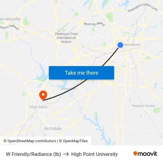 W Friendly/Radiance (Ib) to High Point University map