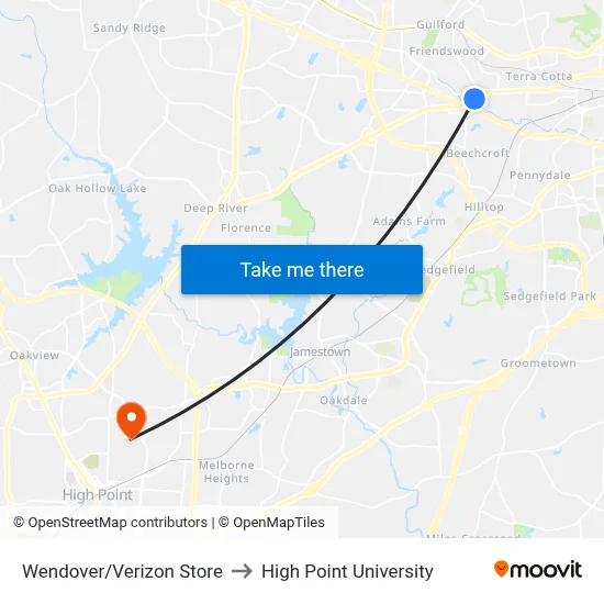 Wendover/Verizon Store to High Point University map