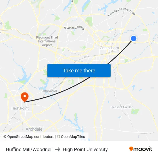 Huffine Mill/Woodnell to High Point University map